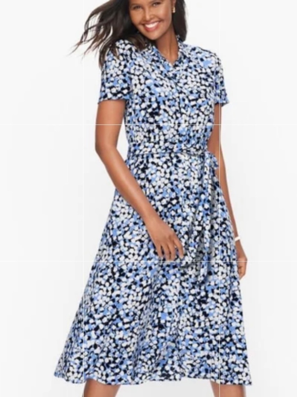 Talbots Midi Short Sleeve Belted Shirt Dress Black, Blue & White Speckle Print 4